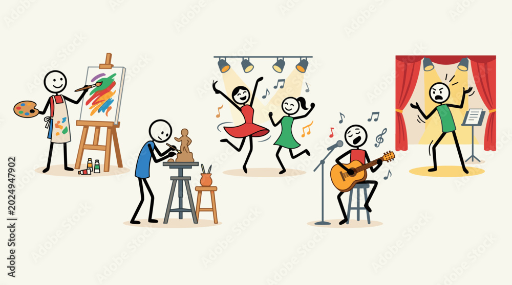 Fototapeta premium Stick figures engaged in various artistic and creative activities like painting, sculpting, dancing, singing, and acting