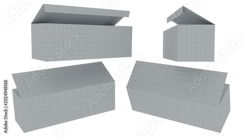 Professional 3D rectangular long box mockup collection rendered from four distinct angles. Showcases an elongated packaging design with open and closed lid states, perfect for shoe boxes, electronics 