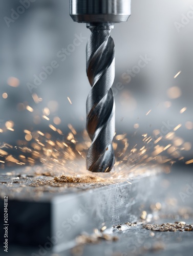 High-speed drill bit cutting into metal plate creating bright sparks during precision machining in industrial manufacturing process close-up view