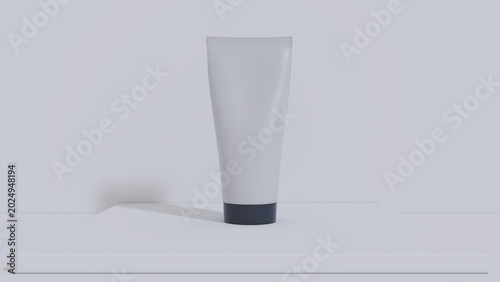 3D Cosmetic Squeeze Tube Mockup — Blank White Beauty Tube on Light Gray Studio Background