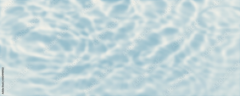 Fototapeta premium Blue halftone water surface with ripple waves and sunlight reflection. Ocean, sea or pool water top view with dot retro photocopy and comic bitmap texture. Halftone summer backdrop. Collage vector bg