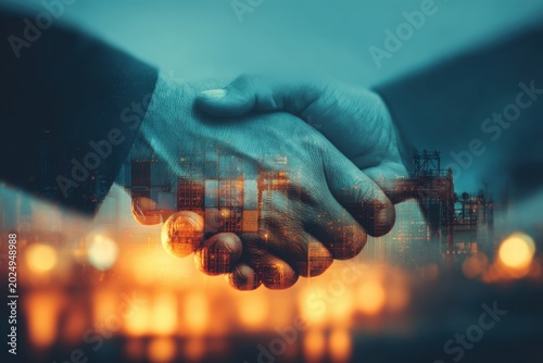 Business handshake overlayed with urban cityscape lights symbolizing partnership, trust, and successful professional collaboration in modern industry settings