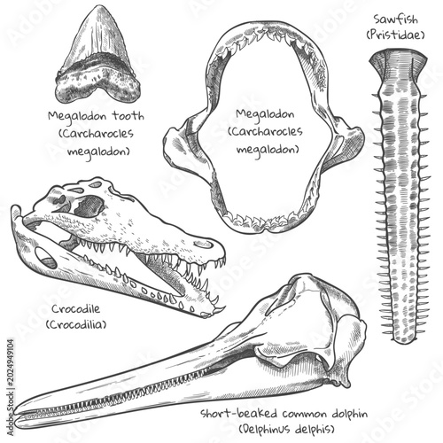 engraving water animals bones set