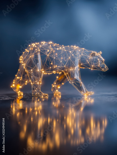 Illuminated digital wireframe sculpture of a bear walking with glowing nodes connected by delicate lines reflected on a glossy surface in moody lighting conditions