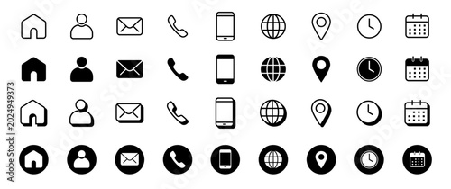Contact icon set for Website and Business, Simple Web icons with line, solid, 3d bold and 2d circle Styles, isolated on Transparent Background