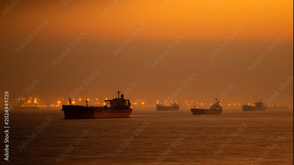 Fototapeta premium Industrial vessels silhouetted on open water at hazy dusk, distant city lights glow, tranquil maritime scene with warm orange sky