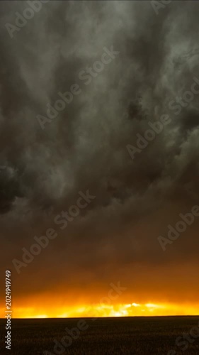 Moody thunderstorm clouds rolling through a golden sunset storm sky scene