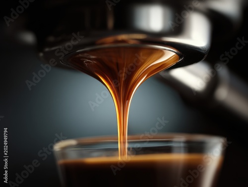 Rich dark espresso flowing smoothly from a coffee machine portafilter into a clear glass cup in a beautifully lit coffee brewing scene