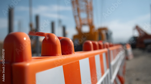 Vibrant orange and white construction barrier on a bright day, foreground focus with blurred heavy machinery and concrete columns in the background