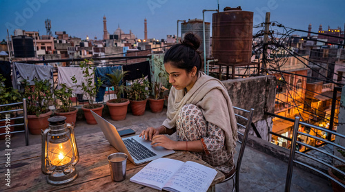 Young Indian woman working on a laptop on an Old Delhi rooftop with city view at dusk, studying by lantern light with a cup of chai