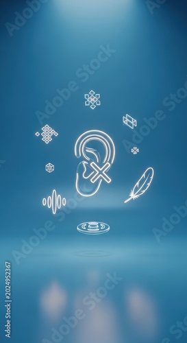 Abstract Conceptual Silence: Floating Mute Ear Icon with Glowing Lines and Patterns in a Calm Blue Void