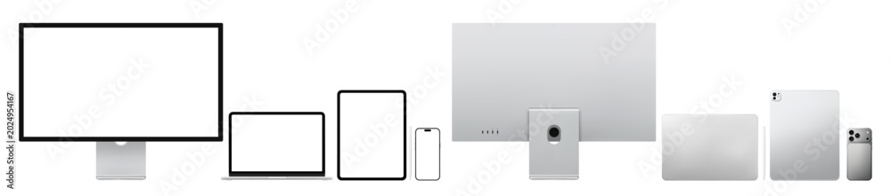 Fototapeta premium Photorealistic modern silver modern smart devices collection mockup: smartphone, pc, laptop, tablet, display. Front, back, rear views isolated on transparent background. Vector PNG