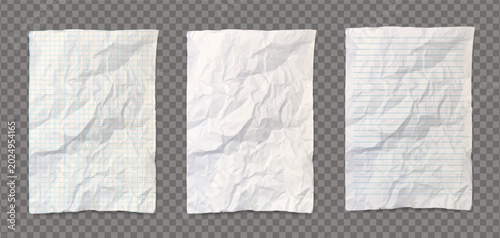 Картината върху платно Pack of realistic white crumpled papers with shadow isolated on a transparent background