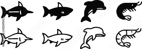 Marine life silhouette icons set