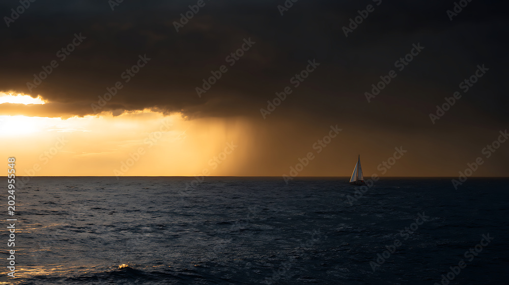 Fototapeta premium Dramatic ocean scene with a single sailboat under a dark, storm-filled sky, illuminated by a vibrant golden sunset and distant rain curtain