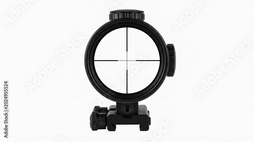 A detailed close-up shot of a black rifle scope, focused on the crosshairs and lens, isolated on a plain white background