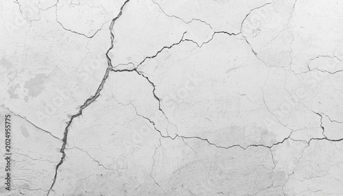 Bild auf Leinwand Distressed white plaster wall texture featuring a prominent sharp dark crack across the surface