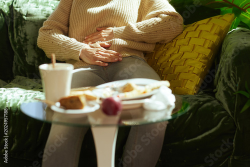 Cropped view of a woman holding her bloated stomach in pain after eating, reflecting the physical consequences of an unhealthy lifestyle and poor diet.