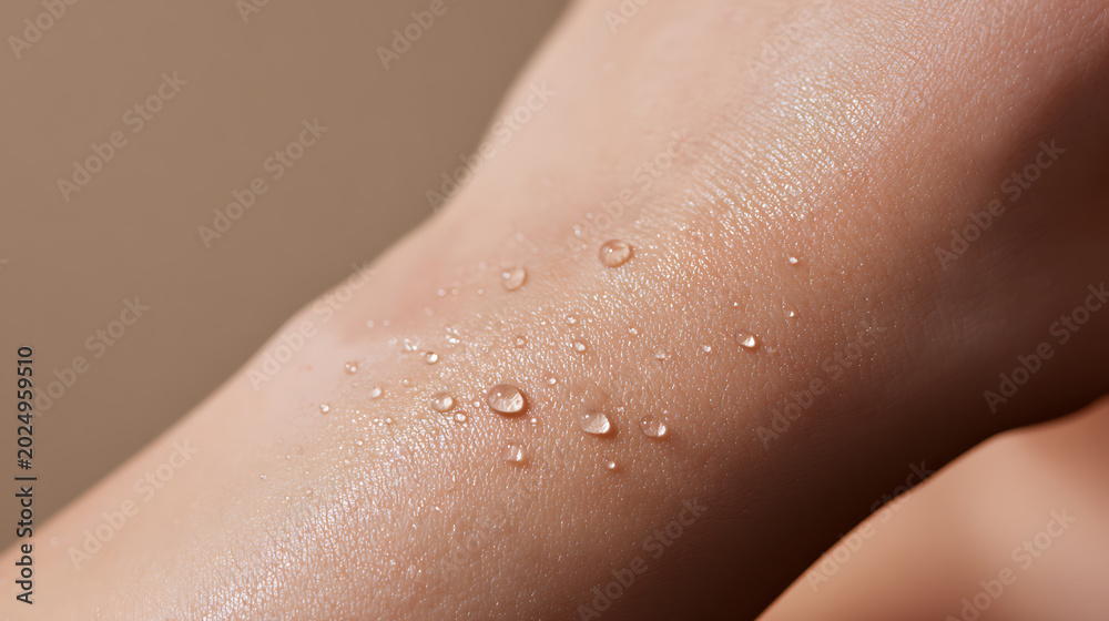 Fototapeta premium Close-up of fresh water droplets on smooth, healthy human skin, highlighting hydration and natural beauty in a vibrant, clean setting