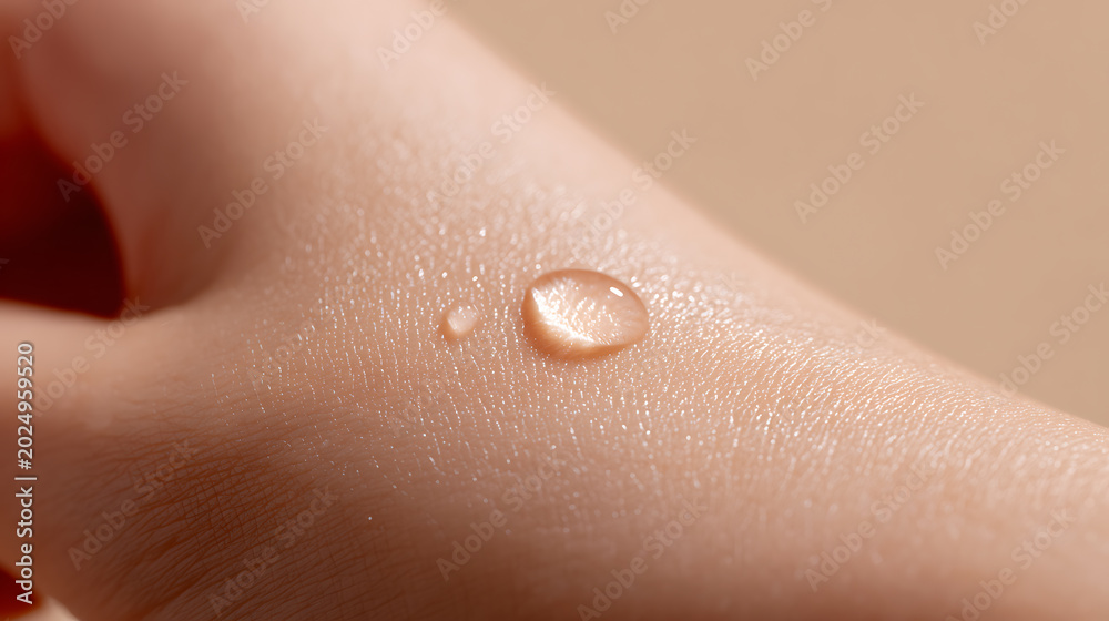 Fototapeta premium Close-up shot of hand skin with two clear liquid drops, showcasing hydration, smooth texture, and natural beauty on a neutral background