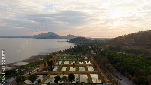 Valokuva Aerial view of ban bang phra reservoir with aquaculture ponds at sunrise in thai