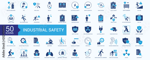 Industrial Safety Icon Set Flat blue STyle Illustration Vector with fire extinguisher, ppe, risk level, safety, safety procedure, electrical safety, safety goggles