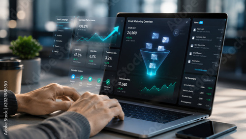 Digital marketing dashboard, email campaign analytics, performance graph, business growth