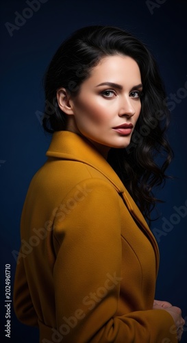 Elegant woman in a mustard-colored coat posing against a dark blue background.. A captivating studio shot exuding sophistication and poise.. Timeless beauty, classic portraiture, confident woman.