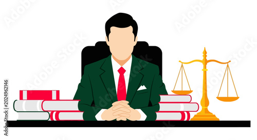 unrecognizable legal professional sitting at a desk with law books and a scale of justice representing the justice system
