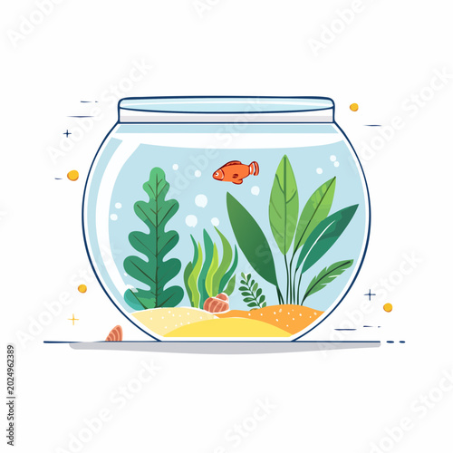 Illustration of a Fish Tank with a Single Goldfish and Aquatic Plants