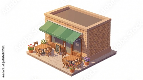 Stylized isometric cafe building illustration with outdoor furniture