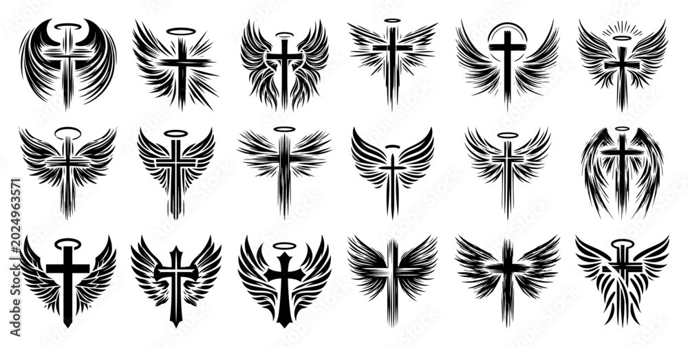 Fototapeta premium Collection of Christian Crosses with Angel Wings, Religious Sacred Symbols and Memorial Tattoo Design Set