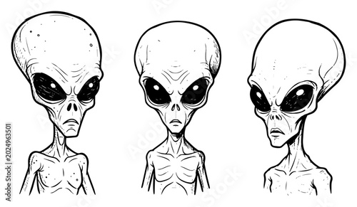 Quadro su tela Alien Gray Extraterrestrial Head Set, Sci-Fi Hand Drawn Character Illustrations