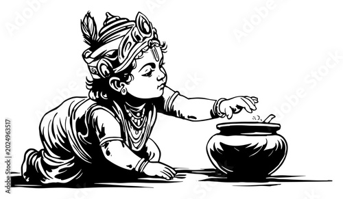 Fotografia Baby Krishna Bal Gopal with Butter Pot Illustration, Traditional Hindu Mythology