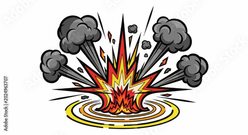 Tableau sur toile Explosion with Smoke and Fire, Comic Style, Isolated on White Background