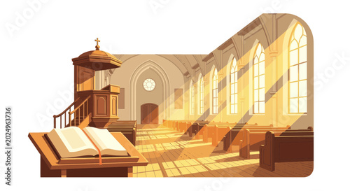 Bild auf Leinwand Sunlit Church Interior with Pulpit and Pews