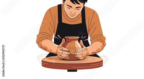 Valokuva Artist shaping clay pot on pottery wheel, creative craft workshop, hands at work