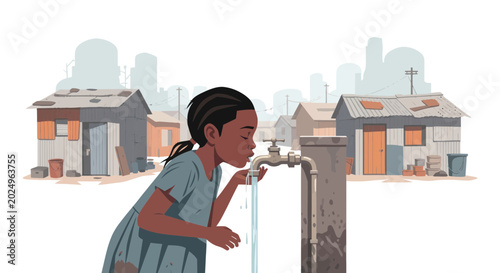 Tableau sur toile African girl drinking fresh water from tap in a slum, hope and poverty concept