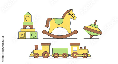 Tableau sur toile Classic Wooden Toys: Rocking Horse, Blocks, Spinning Top, and Train