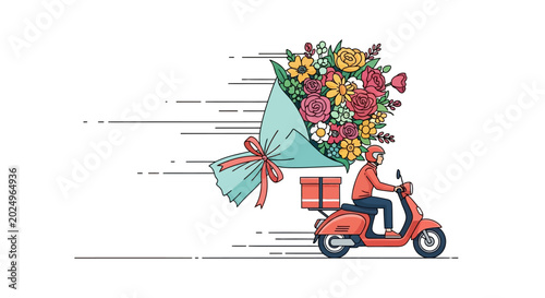 Delivery person riding red scooter with bouquet flowers and gift box
