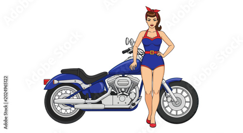 Foto Pin-up girl in blue swimsuit with motorcycle