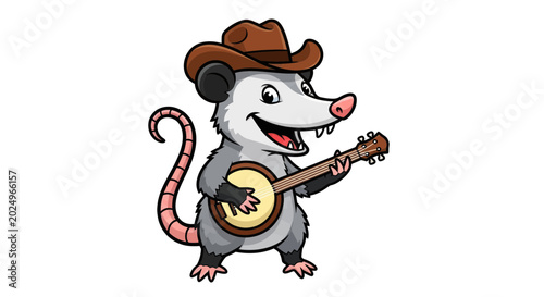 Cuadro en lienzo Cartoon Opossum Cowboy Playing Banjo, Funny Wild West Character