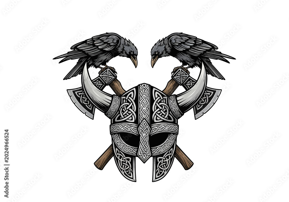Fototapeta premium Viking helmet with crossed axes and ravens illustration.