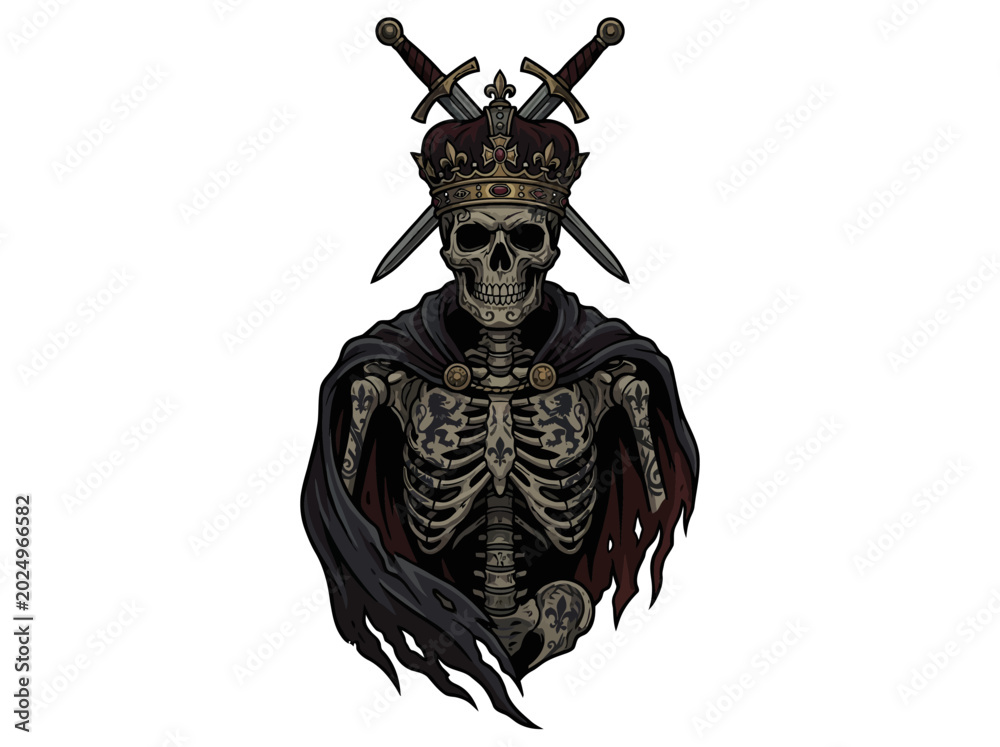 Fototapeta premium King Skeleton wearing crown with crossed swords behind isolated on white.