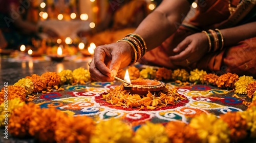 Hands Lighting Diya with Marigold Flowers and Intricate Rangoli Design