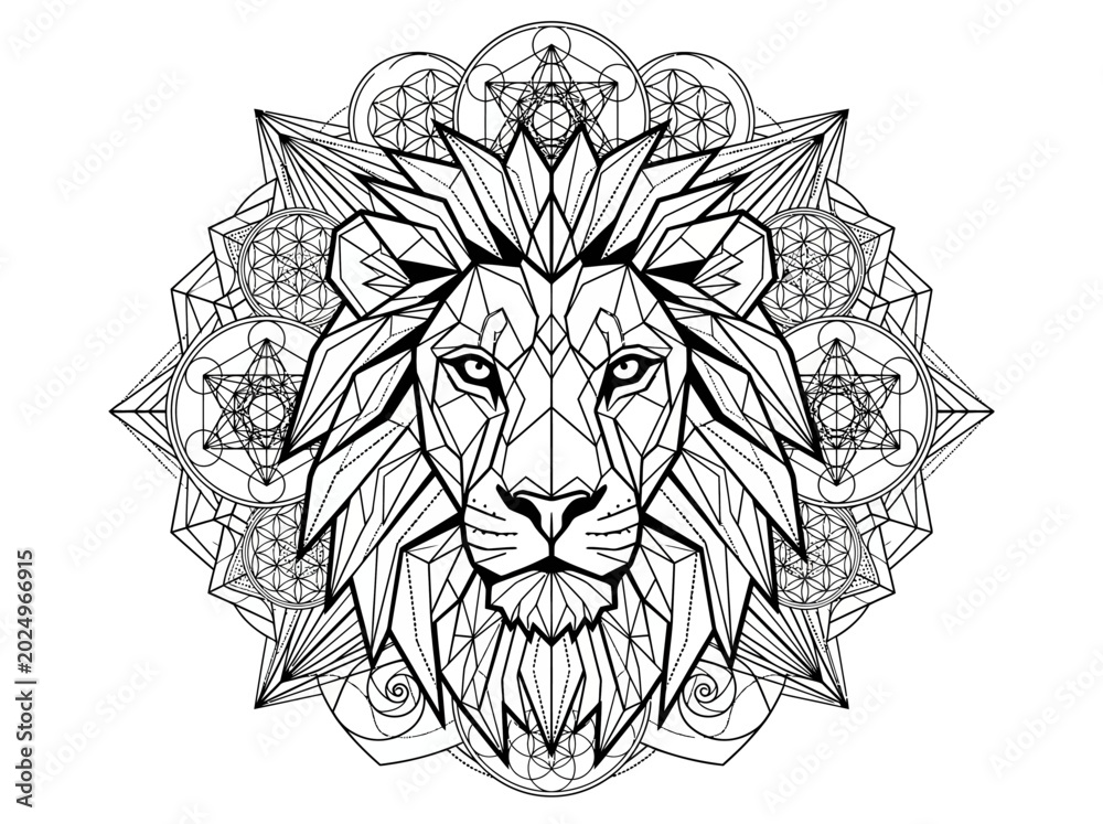 Obraz premium Geometric lion head portrait with intricate sacred geometry patterns for coloring book.