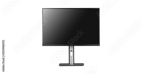 Clear front image of a modern monitor with a thin bezel and matte anti-glare coating. The silver metal stand features an ergonomic design. The photo is easy to integrate into website design due to its