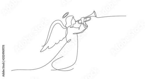 Canvastavla Continuous line drawing of an angel playing a trumpet with a halo and wings