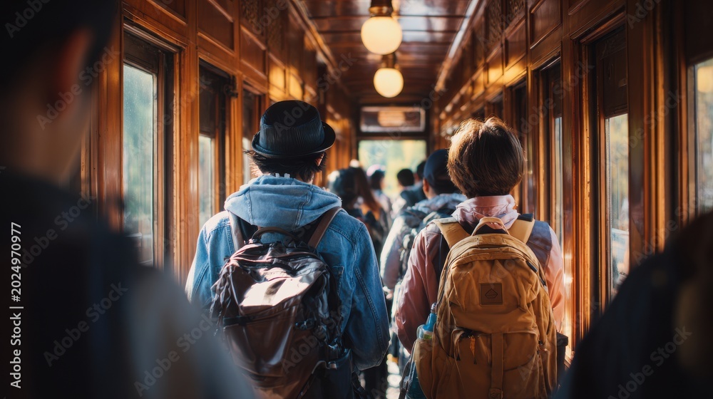 Fototapeta premium Passengers Walking Through Vintage Train Car Interior with Luggage