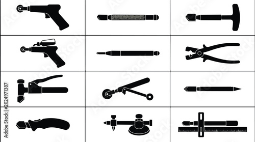 Set of various glass cutting tools silhouettes on white background.